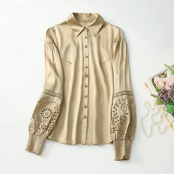 1PC Moterų marškinėliai topai marškinėliai ilgomis rankovėmis viršuje audinio mygtukai 100% realių mulberry šilko tuščiaviduriai iš siuvinėjimas rankovės S-653