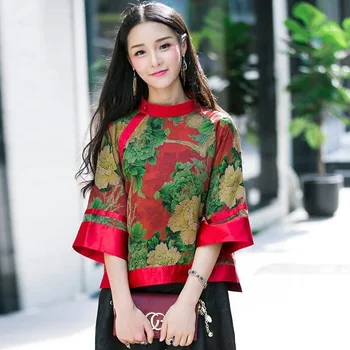 2023 derliaus satino palaidinė kinų tradicinė gėlių spausdinti cheongsam viršūnes moteris nacionalinės palaidinė rytų etninės palaidinė tango kostiumas