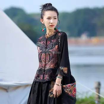 2023 naujas moterų kinijos nacionalinio stiliaus stovėti apykaklės, rankovių vest top visą išsiuvinėti elegantiškas fahsion stiliaus liemenė s708