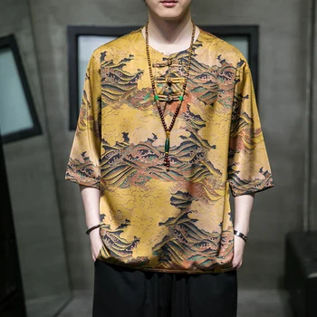 2023 Naujas Vasaros Kinų Stiliaus vyriški T-shirt Ledo Šilko Tango Kostiumas vyriški trumparankoviai marškinėliai Spausdinimas Dial Sagtis Laisvi marškinėliai