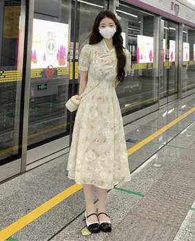 2023 Smėlio Populiarus Moterų Cheongsam Kinijos Stilius Derliaus Gėlių-line Suknelė Atsitiktinis Vasaros Vestuvių Ilgos Suknelės S Iki XXL