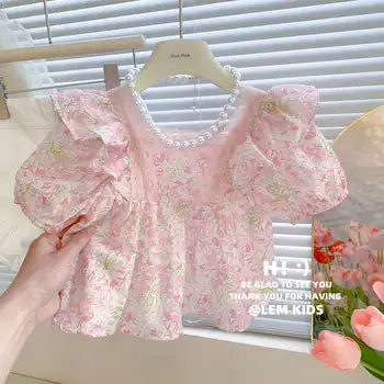 2023 Vasaros 3-9 metų mergaičių korėjos trumpas rankovės viršaus mergina kūdikio temperamentas saldus rausva nėrinių marškinėliai banga