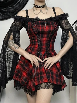 2023 Y2K Gotikos Pledas Suknelė Moterims Mall Goth Grunge Punk Juoda Emo Šalis Nėrinių Backless Mini DressFolds Nėrinių Apdaila-Line Suknelė