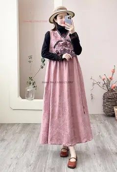 2024 m. kinijos tradicinės suknelė nacionalinės medvilnės, lino žakardo berankovė suknelė, su gėlių siuvinėjimas sundress elegantiškas-line suknelė