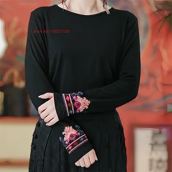 2024 m. kinijos tradicinės t-shirt nacionalinės gėlių siuvinėjimas etninės pagerėjo marškinėliai kinijos hanfu viršūnes oriental o-kaklo marškinėliai bazės
