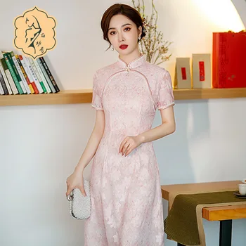2024 m. pavasario, vasaros ir rudens naujų vidutinės trukmės ir ilgai padalinta cheongsam rožinė suknelė pagerinti Kinų stiliaus suknelė