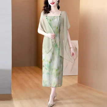 2024 Naujas Šilko Kinijos Retro Stiliaus Spausdinti Kabinti Dirželis Suknelė Moterų Lieknėjimo Skara su pakabinimo Dirželis Kelio Ilgio Suknelė