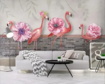 3d foto tapetai užsakymą freskos, šviežių lapų flamingo sielovados plytų sienos fone, namų dekoro tapetai sienos 3d miegamasis