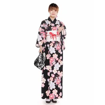 9pcs Nustatyti Moterų Japonijos Tradicinių Kimono Juodos Spalvos Gėlių Spaudinių Yukata Cosplay Kostiumų Atlikti Suknelė
