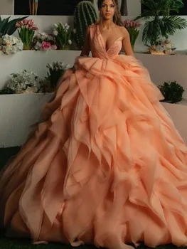 A-Line Princesė Vestuvių Suknelė Reljefiniai Su Tiulio Kamuolys Suknelė Grindų Ilgis Ilgas Nuotakos Suknelės Moterų V-Kaklo Vakarą Oficialią Suknelės