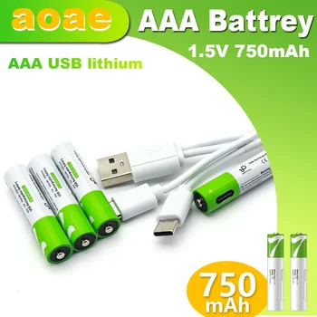 aaa, usb, baterija 1,5 V AAA tipo akumuliatorius 750mAh AAA baterija USB įkraunama ličio baterija, greitas įkrovimas per USB kabelį