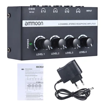 ammoon HA400 Ultra-kompaktiškas 4 Kanalų Mini Audio Stereo Ausinių Stiprintuvas su Maitinimo Adapteris