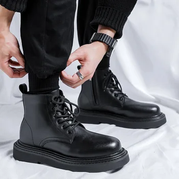 Anglija stiliaus vyriški laisvalaikio platformos batai suvarstomi originalus odiniai batai juoda banga kaubojus trumpas įkrovos pavasarį, rudenį kulkšnies botas