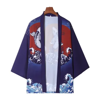 Animacinių Filmų Šūdas Banga Spausdinti Japonų Kimono Yukata Moterų Vyrai Azijos Drabužiai Moterims Tradicinių Haori Samurajus Megztinis Marškinėliai