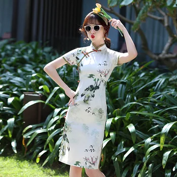 Balta Kinų Stiliaus Cheongsam Krano Gėlių Lieknas Moteris, Vintage Suknelė Rodyti Kostiumai Moterų Qipao S Iki 3XL Trumpas Rankovės