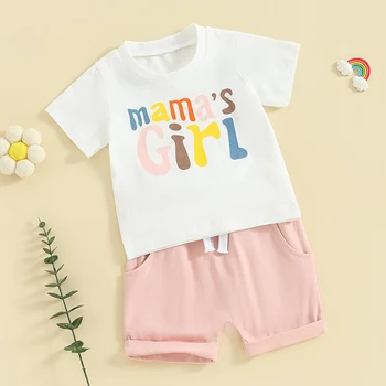 Bamblys Baby Girl Vasaros Drabužių Laiškas Spausdinti Trumpomis Rankovėmis T-Shirt Elastiniai Šortai (2 Gabalas Komplektai