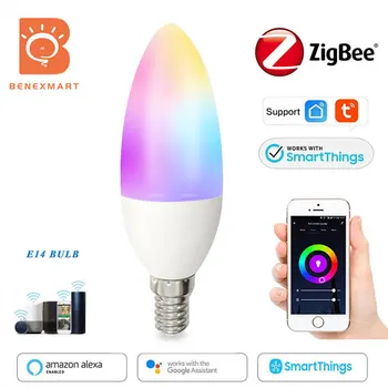 Benexmart Zigbee 3.0 E14 LED Lemputės RGBCW 5W Pritemdomi Lempos Tuya Smartthings App Kontrolės Alexa 