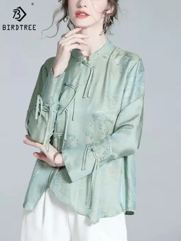 Birdtree 30%Šilkmedžio Šilkas Moterų Kinų Stiliaus Palaidinės ilgomis Rankovėmis Jaquard Elegantiškas Marškinėliai Pavasarį, Rudenį Office Lady Viršuje T3N699QM