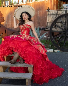 Derliaus Meksikos Aukso Siuvinėjimai Raudona Ruffels 15 Quinceanera Suknelę 2023 Kamuolys Suknelė Svarainių Suknelės Princesė Oficialus Chalatai