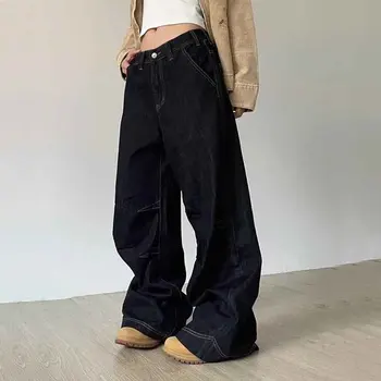 Derliaus Pločio Kojų Džinsai Moterims Y2K Rudenį Aukšto Juosmens Streetwear Prarasti Džinsinio audinio Kelnės 4Xl Negabaritinių Hip-Hop korėjos Tiesios Kelnės