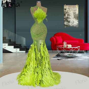 Dviejų Dizainų Šviesiai Žalia Plunksnų Spalvingas Vakaro Suknelė Duobute Blizgančiais Ypatinga Proga Suknelės Moterų Mados Įžymybė Suknelė