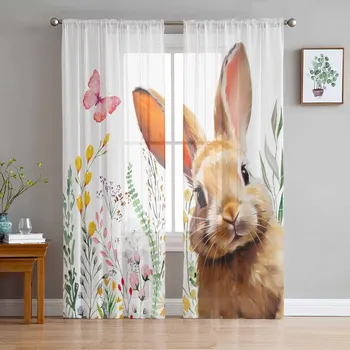 Easter Bunny Gėlės Drugelis Tiulio Užuolaidas Kambarį Vien Uždanga Miegamojo, Virtuvės, Žaliuzės, Užuolaidos vienspalviai voile