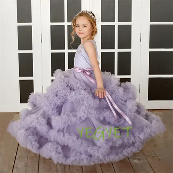 Elegantiška Violetinė, Uždusęs Rankovių Gėlių Mergaičių Suknelės, Vestuvių 2023 Princesė Nėrinių Kamuolys Suknelė Vaikai Konkurso Pirmosios Komunijos Suknelės