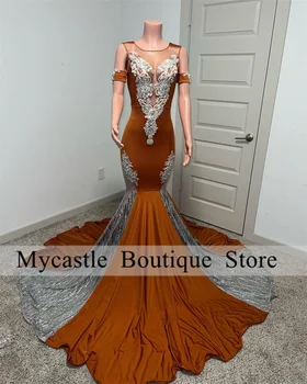 Elegantiškas Aksomo Mermiad Prom Dresses 2023 Juodos Spalvos Mergaitėms Trumpomis Rankovėmis Duobute Appliques Vestuves Chalatai Chalatai De Soirée