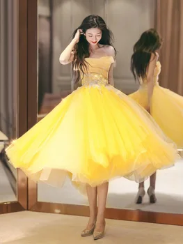 Elegantiškas Geltonas Vamzdis Viršuje Vakaro Suknelė Moterims 2023 Aline Oficialų Prom Tiulio Šalis Suknelė