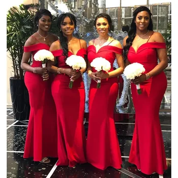 Elegantiškas Nuo Peties Bridesmaid Dresses Undinė Raudona Satino Tarnaitė Garbės Vestuvių Svečių Suknelė Pagal Užsakymą