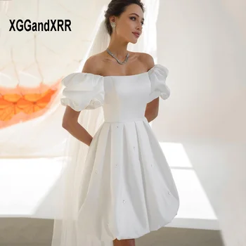 Elegantiškas Trumpas Satino Vestuvių Suknelės 2023 Paprastas, Trumpas, Uždusęs Rankovėmis Off Peties Mini Nuotakos Suknelė Kristalai White Plus Size Nuotaka