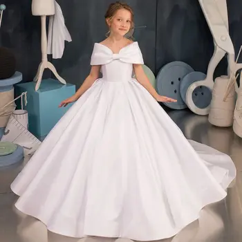 EVLAST Elegantiška Balto Satino Gėlių mergaičių Suknelės, Kūdikių Mergaitės Vestuves Suknelė peteliškę Vaikų Pirmosios Komunijos Suknelė TFD022