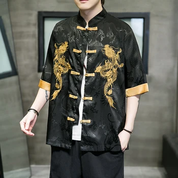 Golden Dragon Siuvinėjimo Vyrų Nuolatinis Kaklo Marškinėliai Tang Dinastijos Hanfu Retro Švarkelis Prarasti Atsitiktinis Viršų Dizaineris Megztinis Kailis