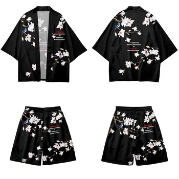Gėlių Brid Spausdinti Kimono Pora Moterų, Vyrų, Japonijos Tradicinių Atsitiktinis Laisvas Megztinis Ir Kelnės Nustatyti Azijos Drabužių Harajuku