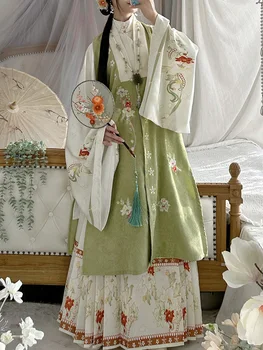 Hanfu Drabužių, Kostiumų Moterų Ming Padarė Nuolatinis Apykaklės Tunika Sunkiųjų Siuvinėjimo Vest Spausdinti Arklių Veido Sijonas Pavasario Hanfu Suknelė