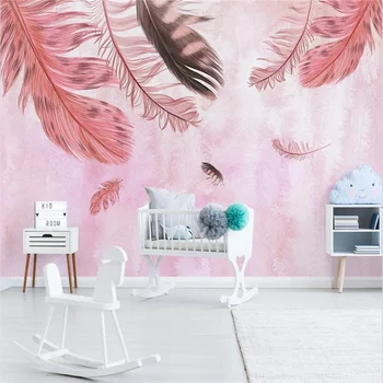Individualizuotos fono paveikslėlį 3d modernus minimalistinio ranka-dažytos rožinė plunksnų freskos mažų šviežių Šiaurės kambarį, miegamąjį, TV foną sienos