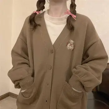 Japonija Stiliaus Kawaii Lokys Megztinis Mielas Cardigan Moterų Siuvinėjimo Derliaus Trikotažas korėjos Žiemos 2022 ilgomis Rankovėmis Viršų