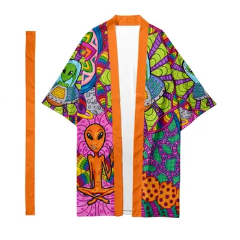 Japonijos Ilgai Kimono Megztinis Samurajų Apranga Kimono Psichodelinio Modelis Kimono Marškinėliai Yukata Striukė Kailis Unisex