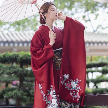 Japonų Kimono Derliaus Spalvingas Vibruojantis Rankovės Vienu Sluoksniu Pagerinti Kimono Fotografija, Kelionės, Fotografija Portretas Raudona