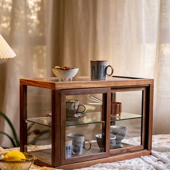 Juoda riešutmedžio masyvo, medžio, stiklo arbatos kabineto ekranas kabineto arbatos kambarys arbatos nustatyti saugojimo ekranas kabineto dulkėms laikymo spintos