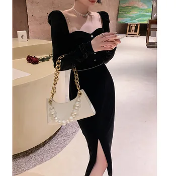 Juodo Aksomo Ilgas Rankovėmis Suknelė Moterų prancūzijos Šviesą Moterų Temperamentas Kvadratinių Kaklo Hepburn Stiliaus Juoda Seksualus, Elegantiškas Suknelė