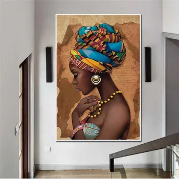 Juodosios Afrikos Moteris Dėvi Aukso Papuošalai Drobės Paveikslas, Tapyba, Portretas Plakatas ir Spausdinimo Sienos paveiksl Kambario Dekoro Estetines
