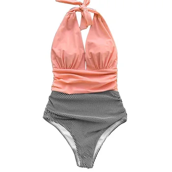 Juostele vientisas maudymosi kostiumėlis V kaklo Backless Seksualus Bikini Merginų Paplūdimio Maudymosi Kostiumėliai