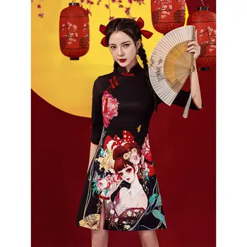 Kinų Stiliaus Cheongsam Suknelė Moterų Mados Juoda Šiuolaikinės Modifikuotų Qipao Nacionalinės Tradicinis Apdaras Orientale Mergina Vestido Chino