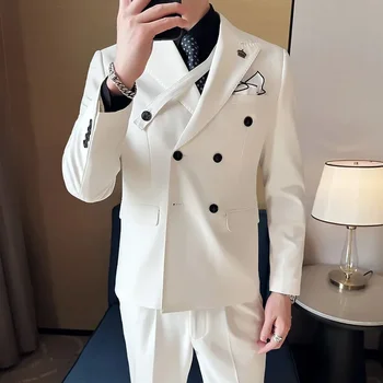 Korėjos Stiliaus Baltos spalvos Elegantiškas Kostiumai Vyrams Mados Viršūnę Atvartas Dvigubo Breasted Vyrų Kostiumas Slim Atsitiktinis Prom Vestuvių Smokingas Gabalas 2