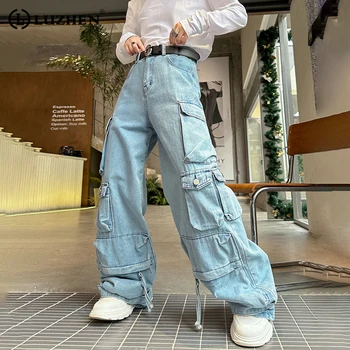 LUZHEN Vyrų Baggy Jeans Stilingas Krovinių Rudens Žiemos Aukštos Kokybės Street Wear Daug Kišenėje Dizainas Prarasti Džinsinio audinio Kelnės Madinga Cd97c8