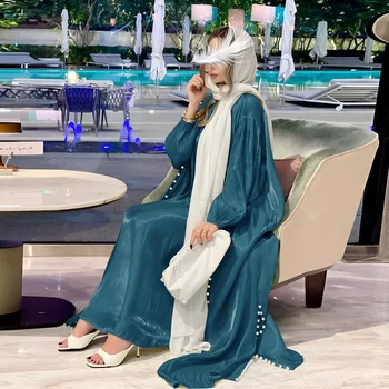 Marokas Caftan Musulmonų Abaja Moterų Suknelę 2 Dalių Komplektas Abayas Chalatai Dubajus Arabų Šilko Satino Kimono Megztinis Skraiste Outwear Rudenį
