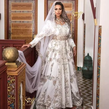 Maroko Kaftan Caftan Musulmonų Vakaro Suknelės-line V-kaklo, ilgomis Rankovėmis Appliques Dubajus arabų Turkija Abaja Islamo Suknelė