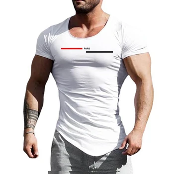 Medvilnės Kvėpuojantis Paryžiaus Mados Spausdinti Trumpomis Rankovėmis T-Shirt Salė, Kultūrizmo Fitneso Treniruotės Viršūnes Raumenų Slim Fit Skylę Shirt Mens
