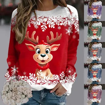 Megztiniai Moterims Kalėdų Paauglių Mergaičių Ilgomis Rankovėmis Crewneck Palaidinukė Mielas Šiaurės Elnių Grafinis Kalėdos Marškinėliai